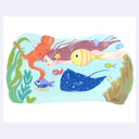 Colorful illustration of a girl with long purple hair swimming underwater with fish and sea creatures.