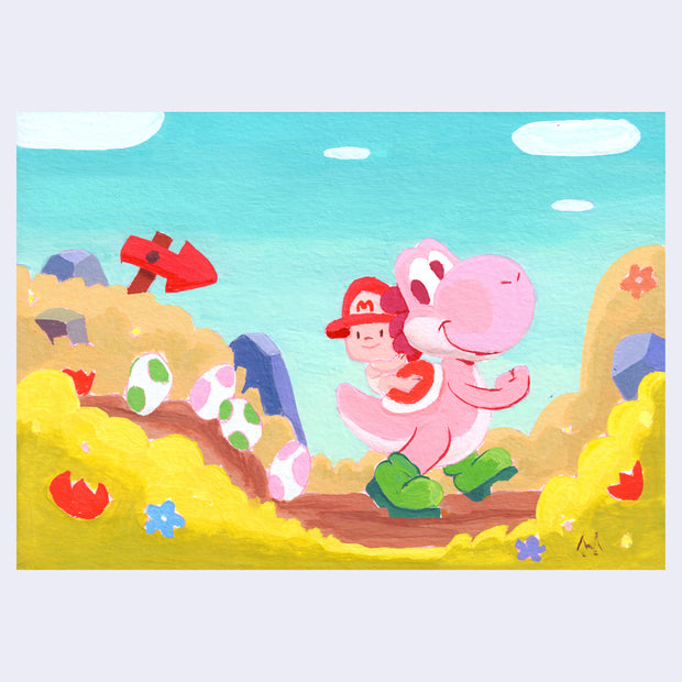 Illustration of a pink Yoshi and a baby Mario riding atop Yoshi's back, they walk through a landscape with several colorful spotted eggs and yellow plants.
