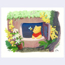 A whimsical painted illustration of Winnie the Pooh sitting by a window, looking out with a small yellow bee on his nose. The scene includes green grass, yellow flowers, white lilies, and a dark tree trunk on a white background.