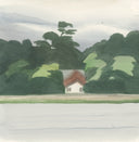 A watercolor landscape painting featuring a small white house with a reddish-brown roof nestled among dark green and light green trees, with a pale gray-blue body of water in the foreground and soft hazy mountains in the background.
