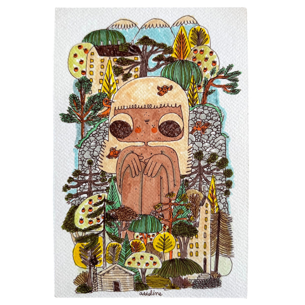 Illustration of a very large tan girl with blonde hair sitting amongst several smaller trees, mountains and homes. 