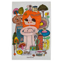 Colorful illustration of a character with red hair and various elements like buildings and animals on a white background.