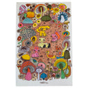 Colorful illustration of small cartoon animals standing in dirt surrounded by colorful mushrooms and flowers.