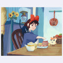 Painting of Kiki from Kiki's Delivery Service, sitting at a breakfast table with her tiny black cat, Jiji, on her shoulders looking scared but alert. On the table is Hamtaro.