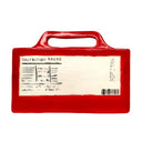 Red ceramic sculpture of the back of a box, with a handle on top and nutritional facts on the back.