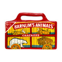 Ceramic sculpture of Barnum's Animals Crackers packaging with red handle and illustrations of animals on a white background
