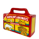 Ceramic sculpture of Barnum's Animals Crackers packaging with red handle and illustrations of animals on a white background