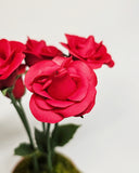 Sculpture of pinkish red roses coming out of a small pot. The inside of the roses are tiny creatures, looking up.