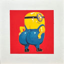 Painting of a minion from Despicable Me, turned around with its butt facing the audience - which is very large and rounded.