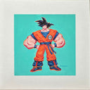 Painting of Goku from Dragonball, with a very muscular body and a grin.