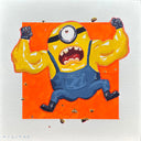 Painting of a minion from Despicable Me, with a very buff upper body, flexing both arms and with a crazed expression.
