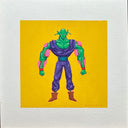 Painting of Piccolo, from Dragonball, standing with a very buff upper body and thinner lower body. Background is stark yellow.