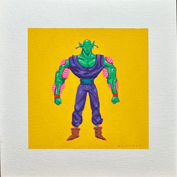 Painting of Piccolo, from Dragonball, standing with a very buff upper body and thinner lower body. Background is stark yellow.