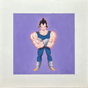 Painting of Vegeta from Dragonball, with a very buff upper body. He stands with his arms crossed against a solid purple background.