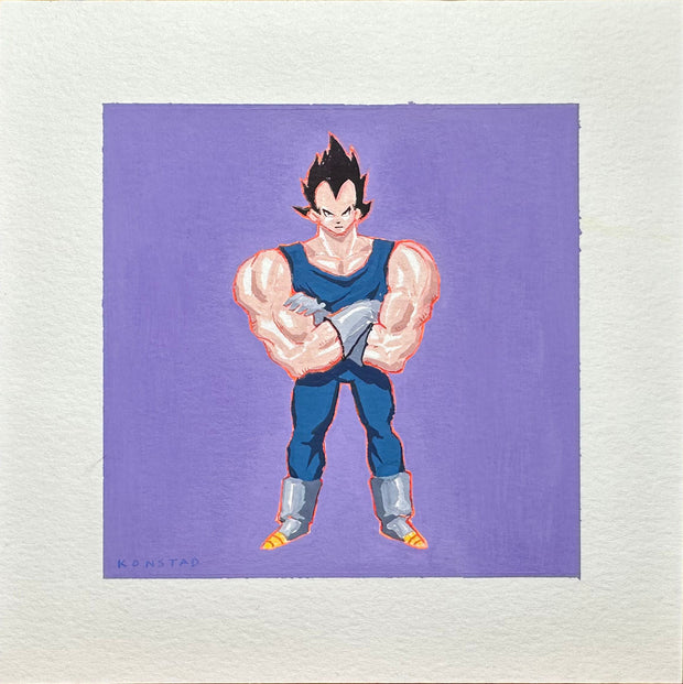 Painting of Vegeta from Dragonball, with a very buff upper body. He stands with his arms crossed against a solid purple background.