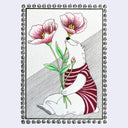 A stylized illustration of a white polar bear wearing a burgundy and white striped sweater, sitting and holding pink flowers with green stems. The artwork is framed by a decorative black border on a light background.