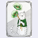 A whimsical illustration of a white cat wearing a green knitted shawl and holding two large green flowers with orange centers, framed by an ornate black border on a light background.