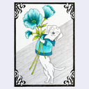 A stylized illustration of a white dog wearing a blue sweater and holding large light blue flowers, framed by an ornate black border on a white background.