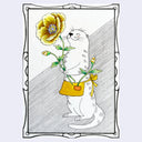 A framed illustration of a white otter holding a large yellow flower with green leaves, wearing a yellow apron, on a light background with a decorative black border.