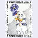 A whimsical illustration of a raccoon in a patterned sweater holding two blue-purple flowers with yellow-orange centers and yellow leaves. The piece has a decorative black-and-white border and is shown against a light gray background.