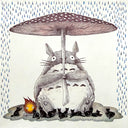 Illustration of Totoro holding a large mushroom as an umbrella, shielding himself and many small cats from the rain.
