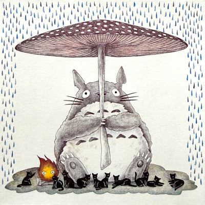 Illustration of Totoro holding a large mushroom as an umbrella, shielding himself and many small cats from the rain.