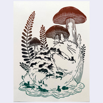 Illustration of Totoro, laying on his back with many cats around him and atop of him. Background is mushrooms and leaves.