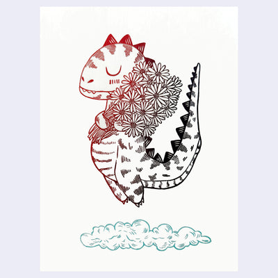 Illustration of a dinosaur with a bouquet of flowers, floating over a cloud with its eyes calmly closed.
