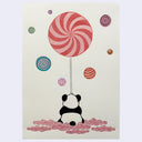 Illustration of a panda holding a large red and pink striped circular lollipop with colorful spiral spheres floating around on a light background.