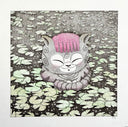 Illustration of a cat-like creature with pink hair in a meditative sitting pose atop of a pond with many lily pads.