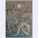 A surreal fantasy artwork depicting a giant octopus with a single visible green eye, with tentacles reaching toward a glowing moon over wavy blue-green water and dark clouds.