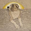 A stylized illustration of a large dog sitting in textured ground beneath a yellow sun, rendered in beige, brown, black, and yellow tones.