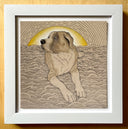 A stylized illustration of a large dog sitting in textured ground beneath a yellow sun, rendered in beige, brown, black, and yellow tones.