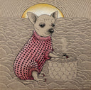 A stylized illustration of a small dog wearing a pink knitted sweater, sitting in a textured landscape with a large yellow sun behind its head and holding a cup next to a quilted bag.