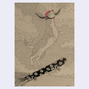 A whimsical artwork featuring a dog leaping in the air while riding a patterned skateboard, set against a textured beige background with hand-drawn clouds. The dog is wearing a red helmet.