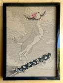 A whimsical artwork featuring a dog leaping in the air while riding a patterned skateboard, set against a textured beige background with hand-drawn clouds. The dog is wearing a red helmet.