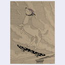 An artwork featuring a sketched dog wearing a purple and blue patterned cap, balancing on a skateboard against a background of clouds and smoke. The drawing is rendered in black ink on a warm beige paper background.