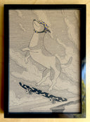An artwork featuring a sketched dog wearing a purple and blue patterned cap, balancing on a skateboard against a background of clouds and smoke. The drawing is rendered in black ink on a warm beige paper background.