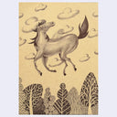 Illustration of a winged horse with clouds and trees on a beige background