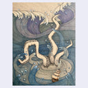 A stylized illustrated seascape showing a large Kraken rising from the ocean with curling tentacles, waves, bubbles, and a small sailing ship. 