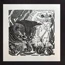 Relief print in black ink of 2 cats, looking down at small squirrels. 