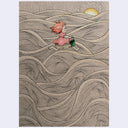A vertical artwork of a whimsical illustration of a young girl with orange hair in a pink dress running on waves and holding a green bucket, surrounded by layered beige and gray wavy lines resembling water, with a yellow sun in the upper right.