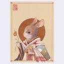 Illustration of a bunny dressed like a sage traveler, with heavy cloaks and shawls. It holds an uprooted sprout with a flame top and a gold circle is behind the buny.
