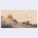 Surreal landscape with a large golden sun, small animal wearing a cape and holding a flag atop a grass hill.