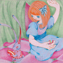A pastel-style illustration of a girl with orange hair and a blue bow sitting cross-legged in a blue dress, holding a small apple, next to a blue rabbit holding a large pocket watch. The scene is rendered in soft pink, blue, green, and orange tones.