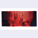 Painting of a film still from Alien 3 of 2 characters in a red room, looking scared and surprised.