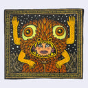 Illustration made with many lines, giving it the feel of a folk art woodcut, of a person wearing a costume of a orange and yellow alien creature.