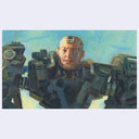 Artistic depiction of a character in futuristic armor with a stylized background