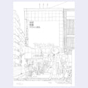 Graphite illustration of the side of a building in Japan, with an art storefront in the bottom of the building and a banner hanging on the floors above. A large tanuki stands in the street, wearing a robe and holding a paintbrush, smiling.