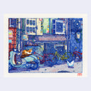 A watercolor illustration of a vibrant street scene with a light blue scooter, red and yellow bicycles, a sleeping orange cat, and a white bird in front of an urban building with air conditioning units. 
